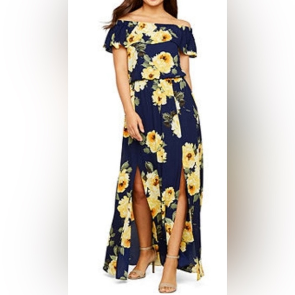 Premier Amour Blue and Yellow Ruffled Off-Shoulder Maxi Dress